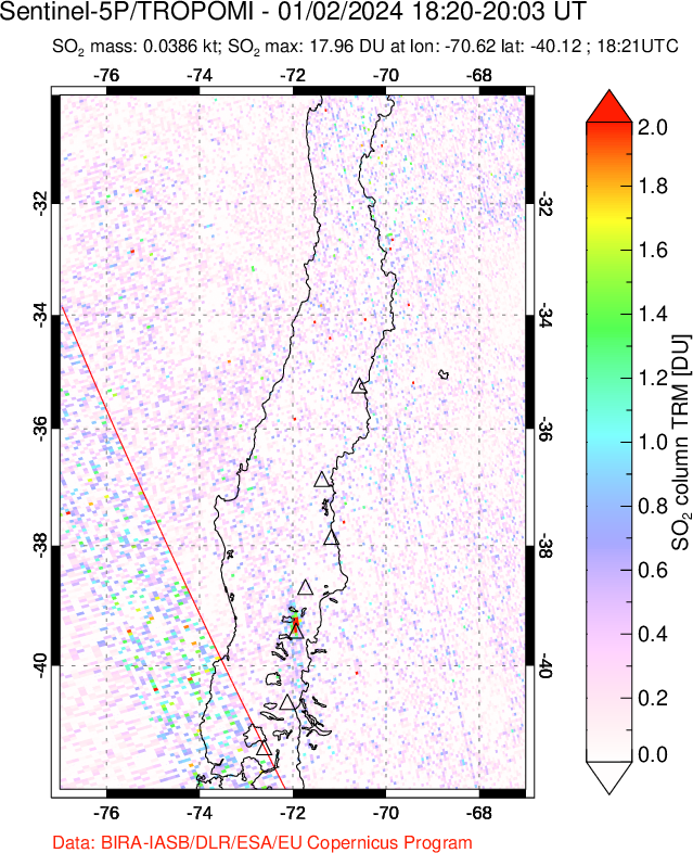 A sulfur dioxide image over Central Chile on Jan 02, 2024.