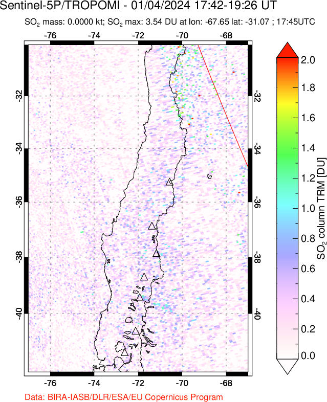 A sulfur dioxide image over Central Chile on Jan 04, 2024.