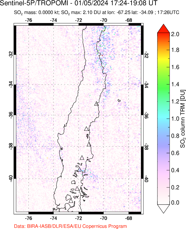 A sulfur dioxide image over Central Chile on Jan 05, 2024.