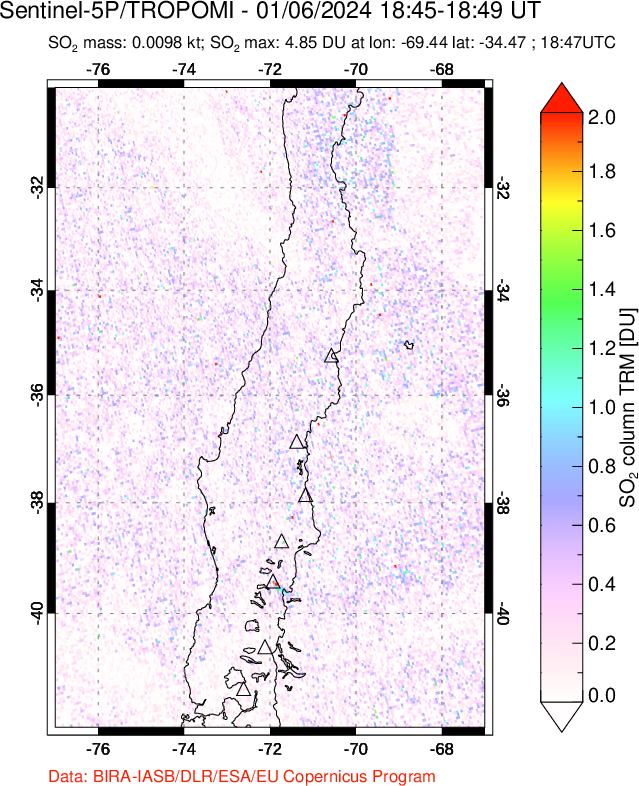 A sulfur dioxide image over Central Chile on Jan 06, 2024.