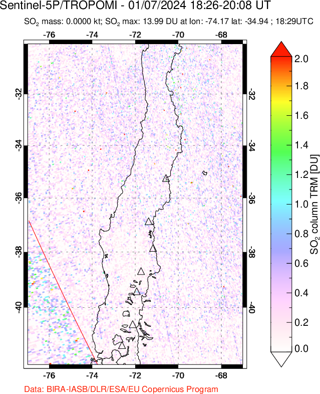 A sulfur dioxide image over Central Chile on Jan 07, 2024.