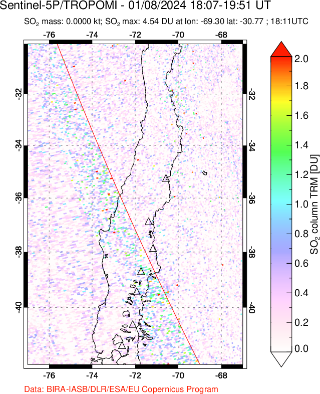 A sulfur dioxide image over Central Chile on Jan 08, 2024.