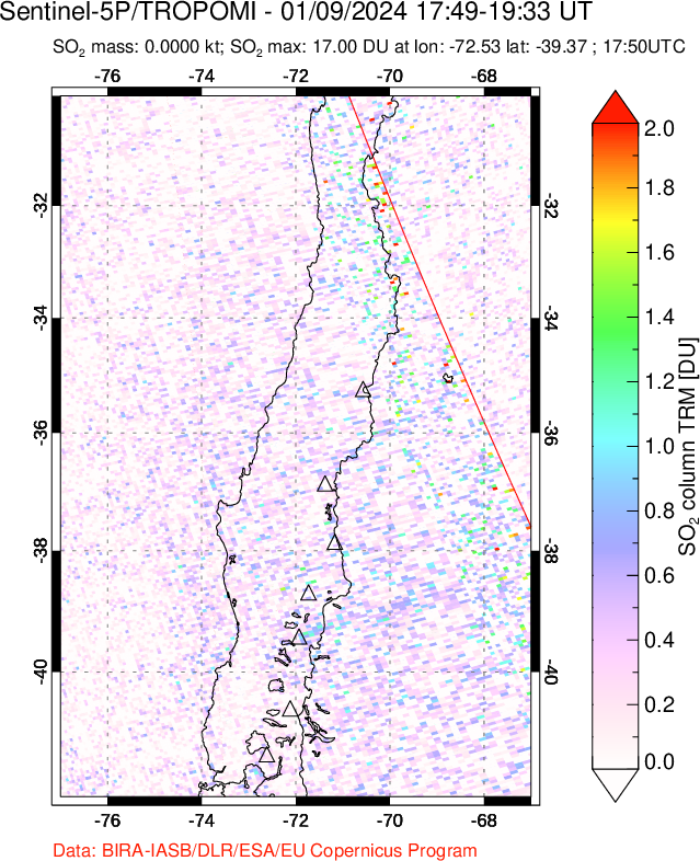 A sulfur dioxide image over Central Chile on Jan 09, 2024.