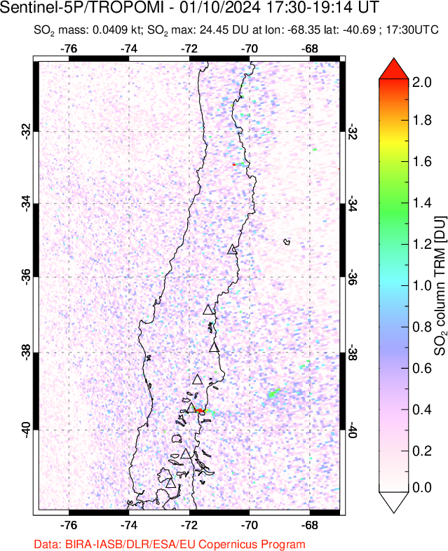 A sulfur dioxide image over Central Chile on Jan 10, 2024.