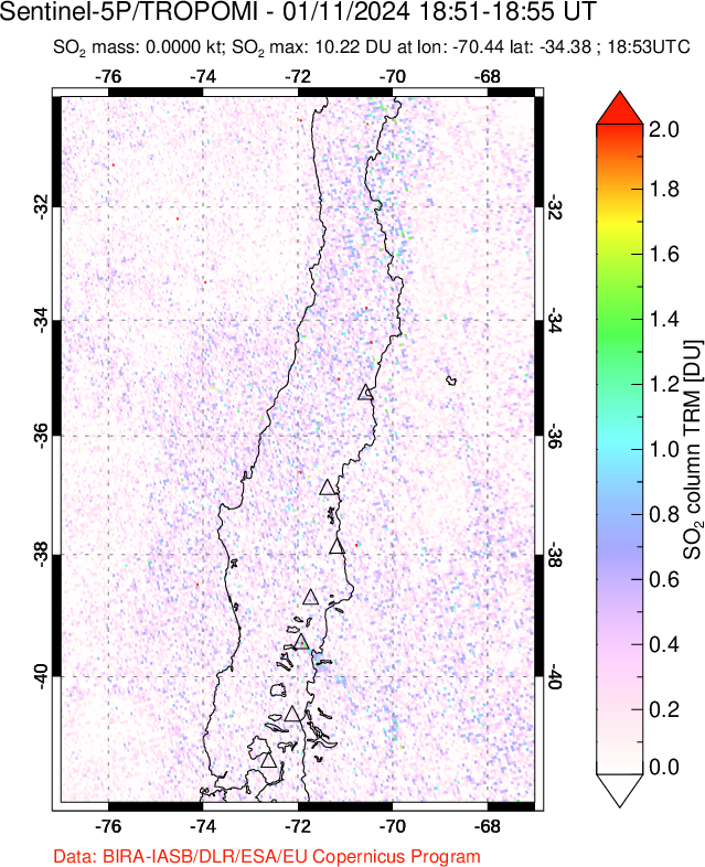 A sulfur dioxide image over Central Chile on Jan 11, 2024.