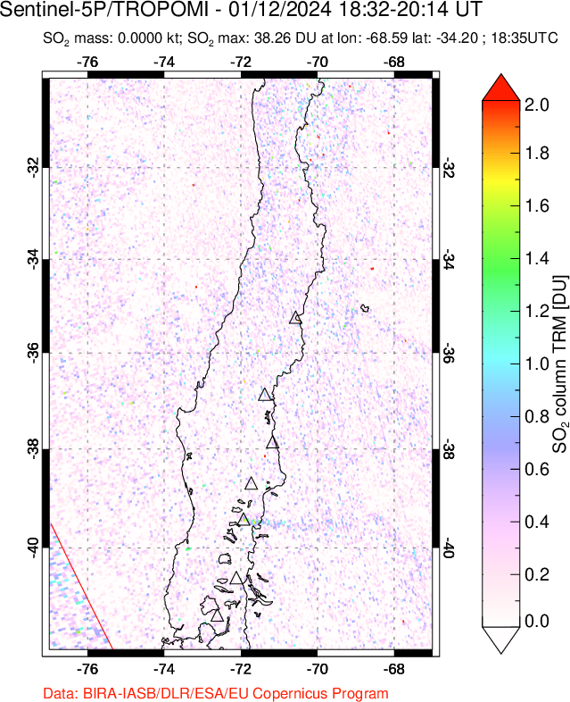 A sulfur dioxide image over Central Chile on Jan 12, 2024.