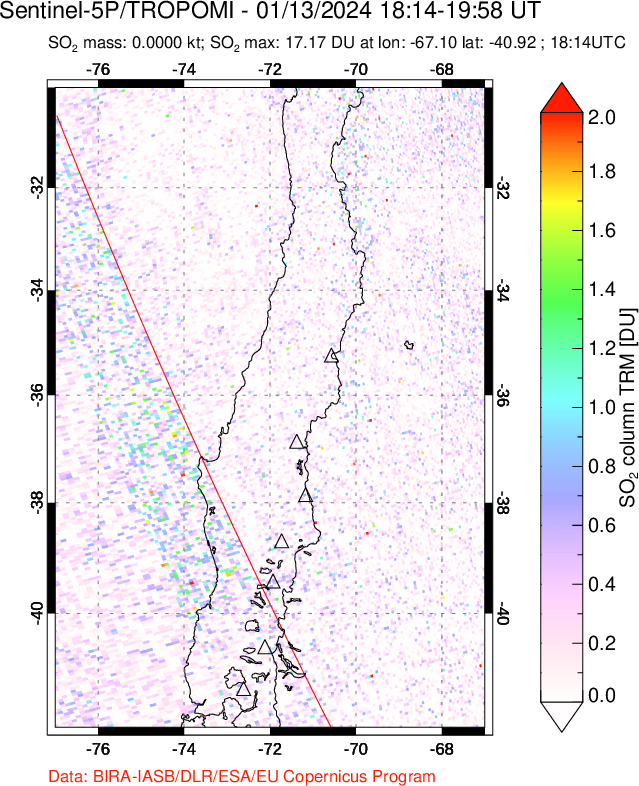 A sulfur dioxide image over Central Chile on Jan 13, 2024.