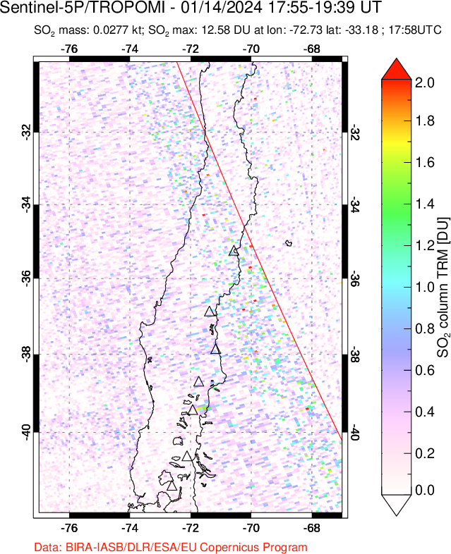 A sulfur dioxide image over Central Chile on Jan 14, 2024.