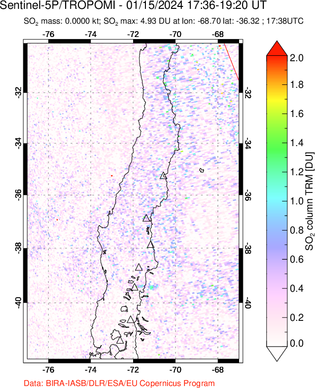 A sulfur dioxide image over Central Chile on Jan 15, 2024.