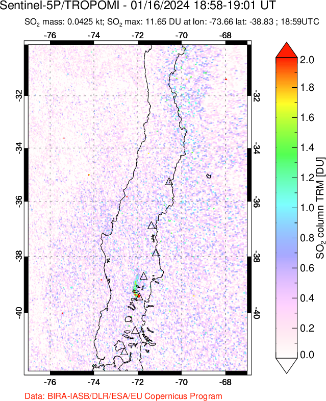 A sulfur dioxide image over Central Chile on Jan 16, 2024.