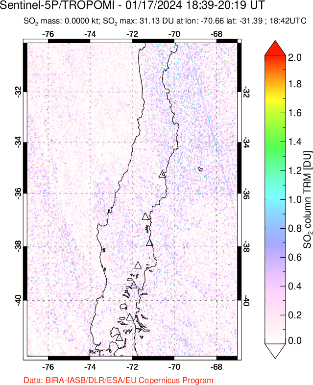 A sulfur dioxide image over Central Chile on Jan 17, 2024.