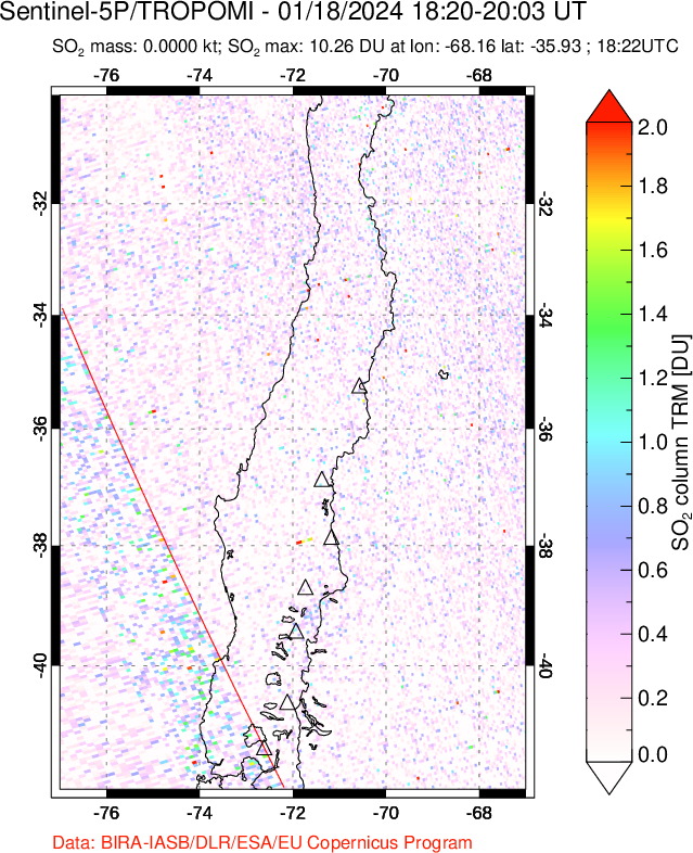 A sulfur dioxide image over Central Chile on Jan 18, 2024.