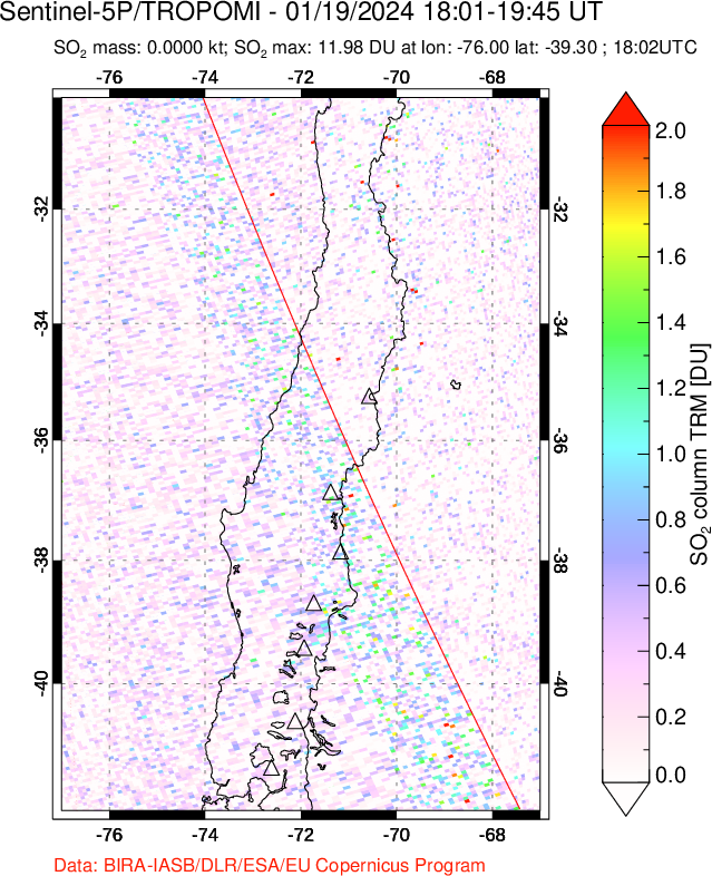 A sulfur dioxide image over Central Chile on Jan 19, 2024.