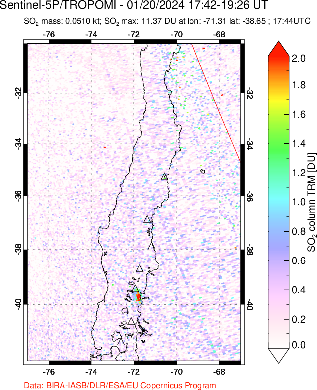 A sulfur dioxide image over Central Chile on Jan 20, 2024.