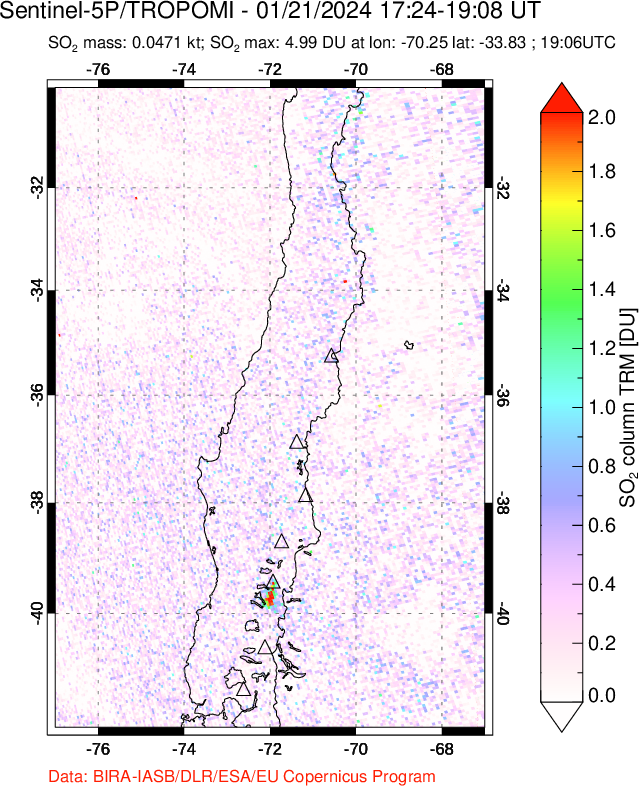 A sulfur dioxide image over Central Chile on Jan 21, 2024.