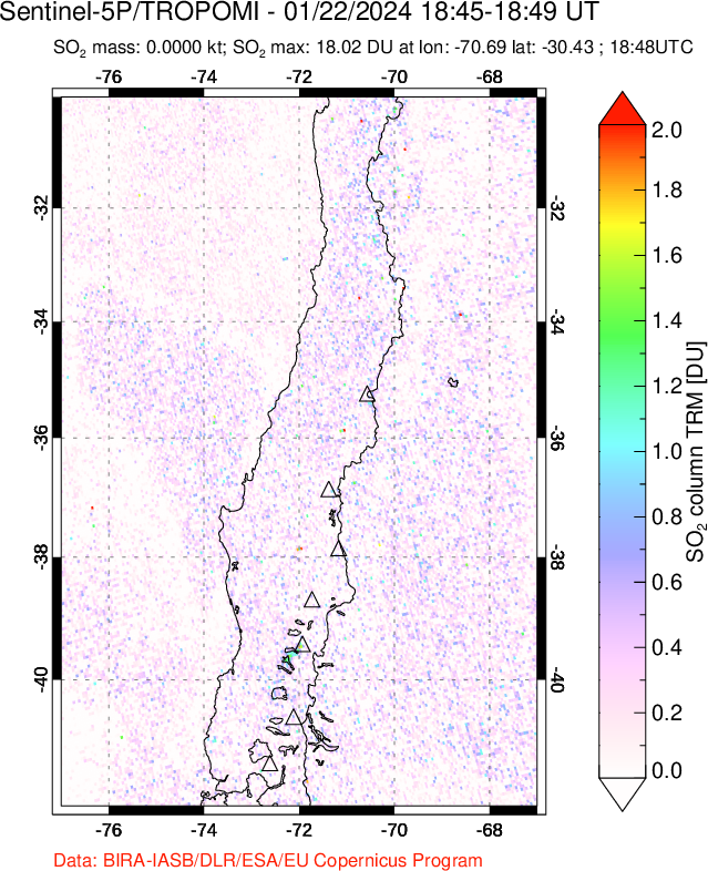 A sulfur dioxide image over Central Chile on Jan 22, 2024.