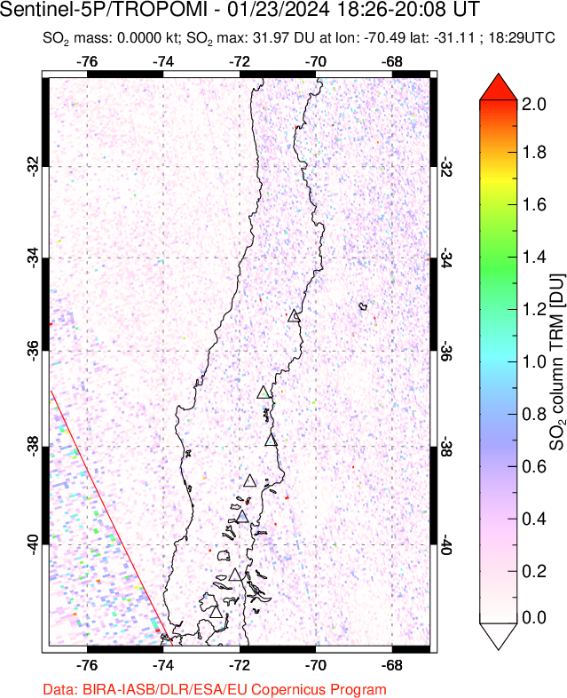 A sulfur dioxide image over Central Chile on Jan 23, 2024.