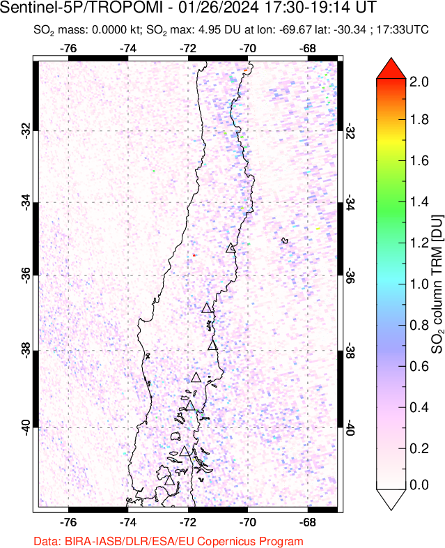 A sulfur dioxide image over Central Chile on Jan 26, 2024.