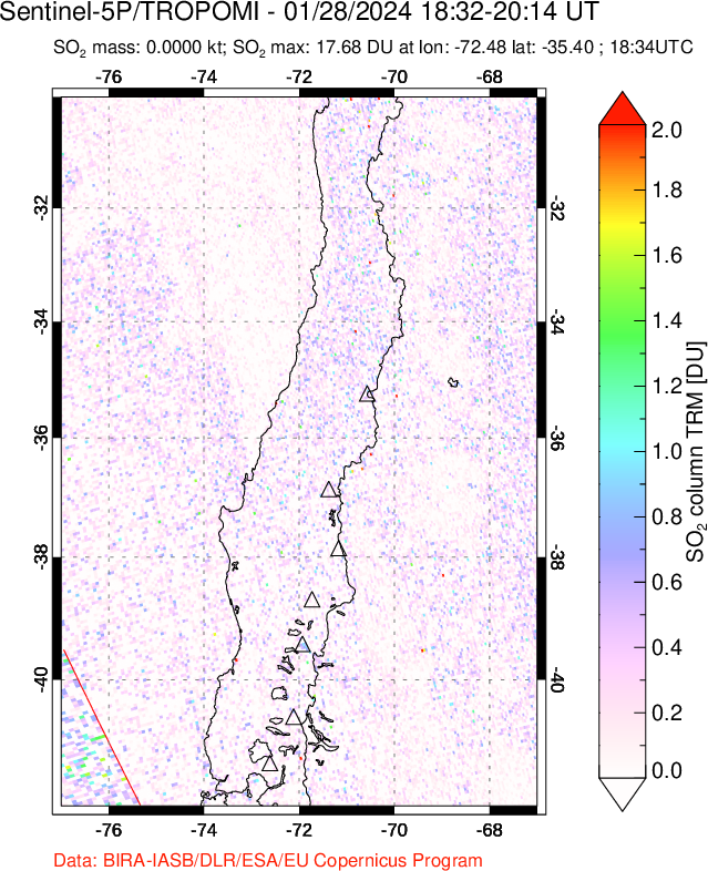 A sulfur dioxide image over Central Chile on Jan 28, 2024.