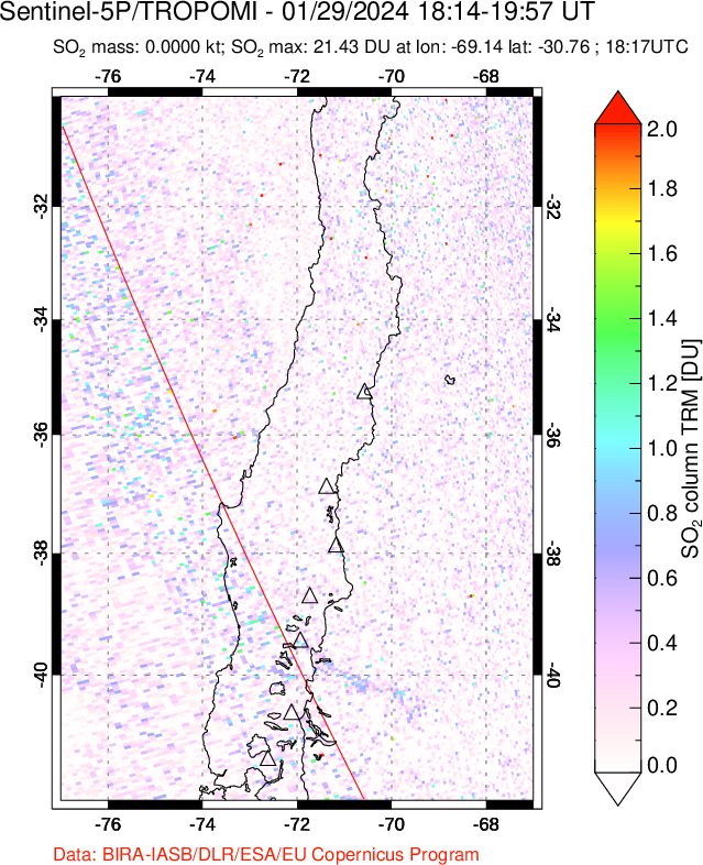 A sulfur dioxide image over Central Chile on Jan 29, 2024.