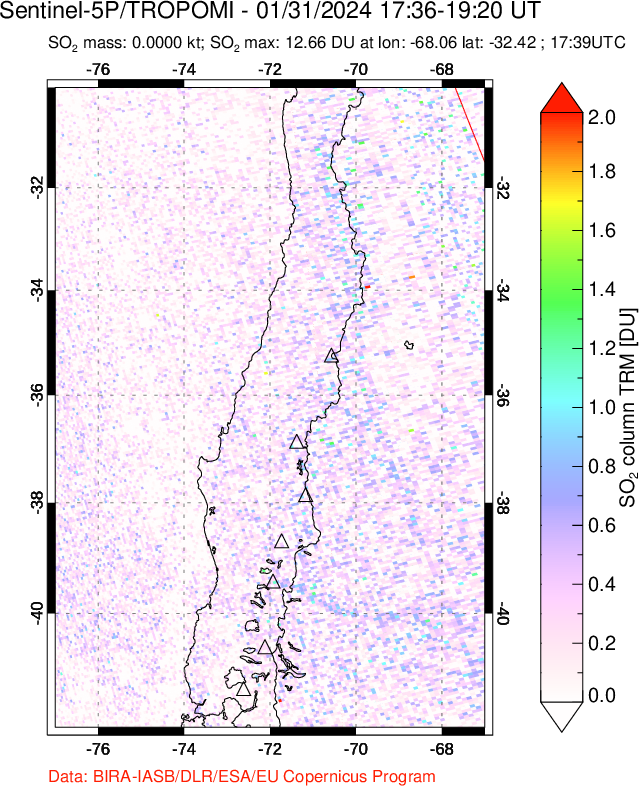 A sulfur dioxide image over Central Chile on Jan 31, 2024.