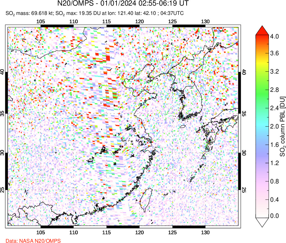 A sulfur dioxide image over Eastern China on Jan 01, 2024.