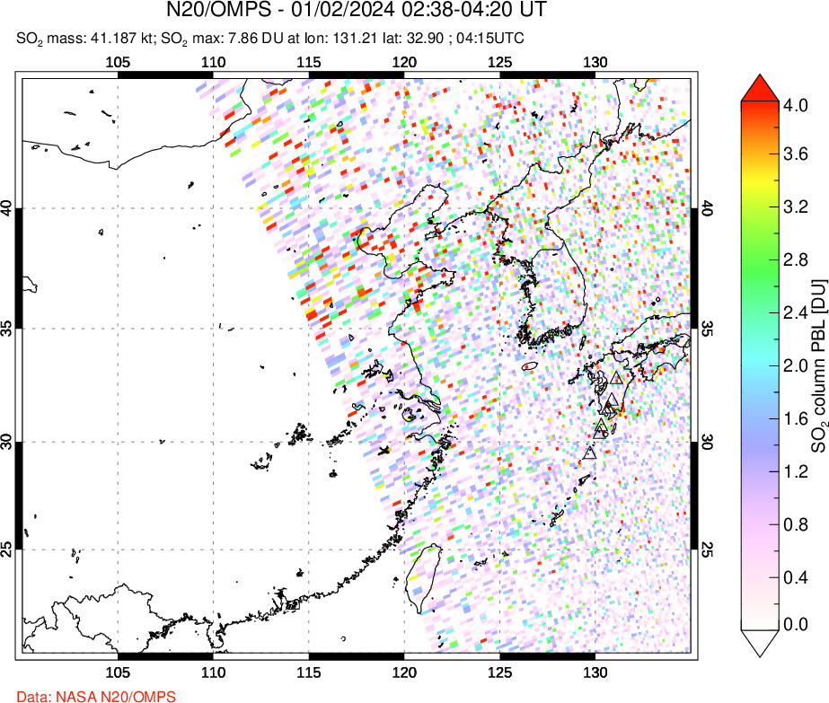 A sulfur dioxide image over Eastern China on Jan 02, 2024.