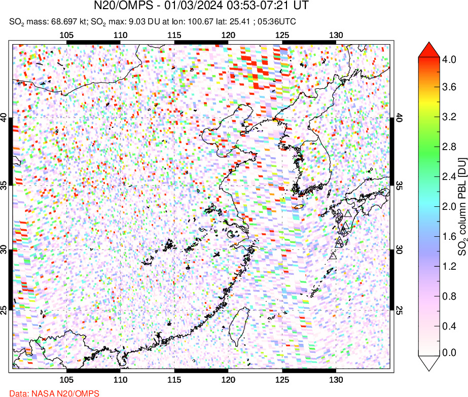 A sulfur dioxide image over Eastern China on Jan 03, 2024.