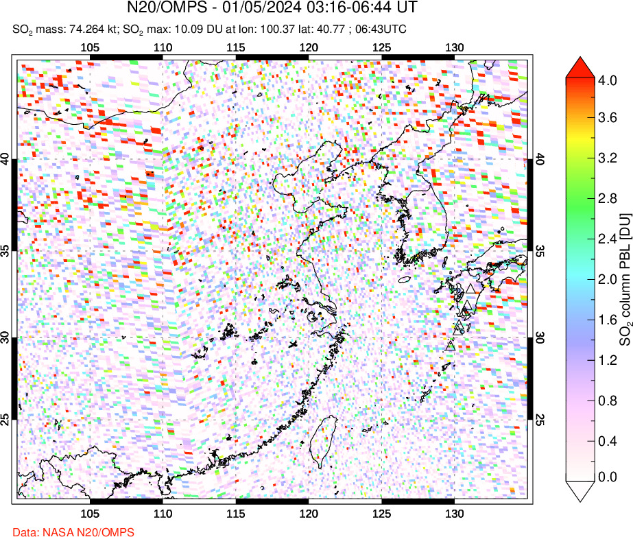 A sulfur dioxide image over Eastern China on Jan 05, 2024.