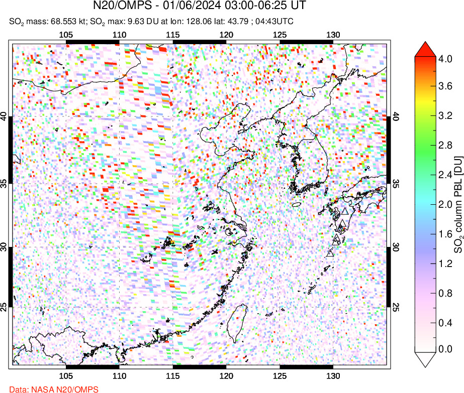 A sulfur dioxide image over Eastern China on Jan 06, 2024.