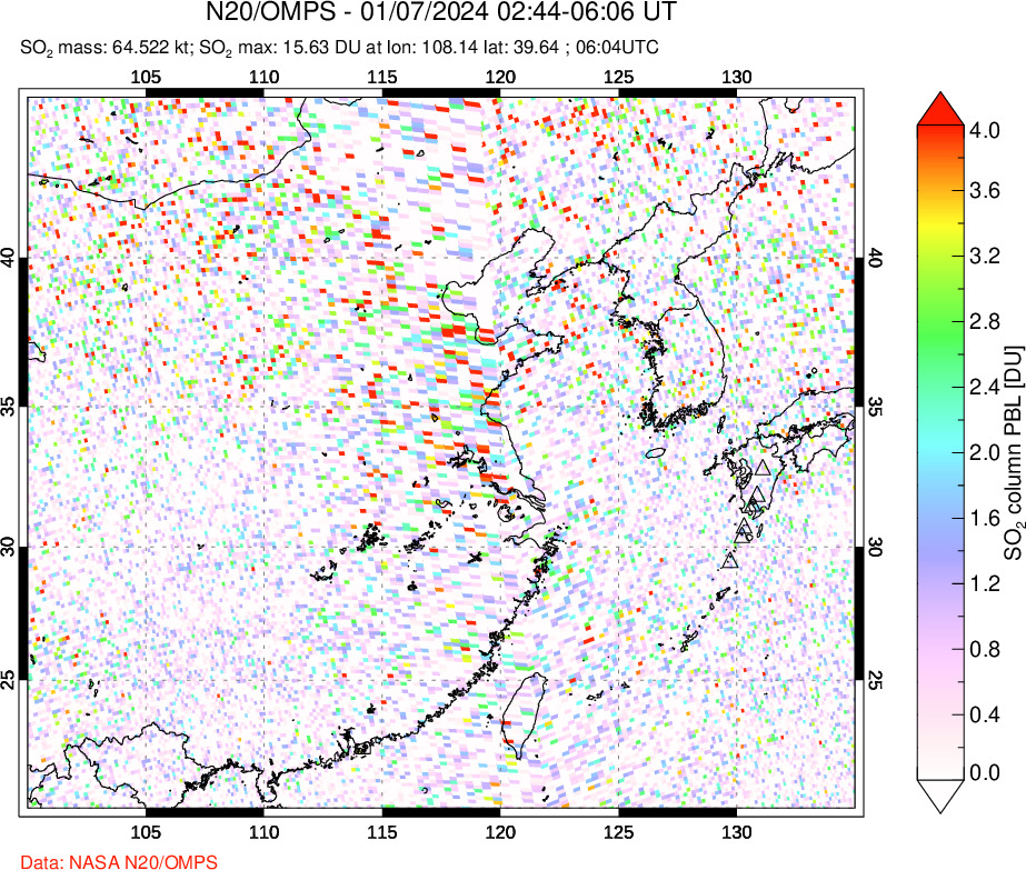 A sulfur dioxide image over Eastern China on Jan 07, 2024.