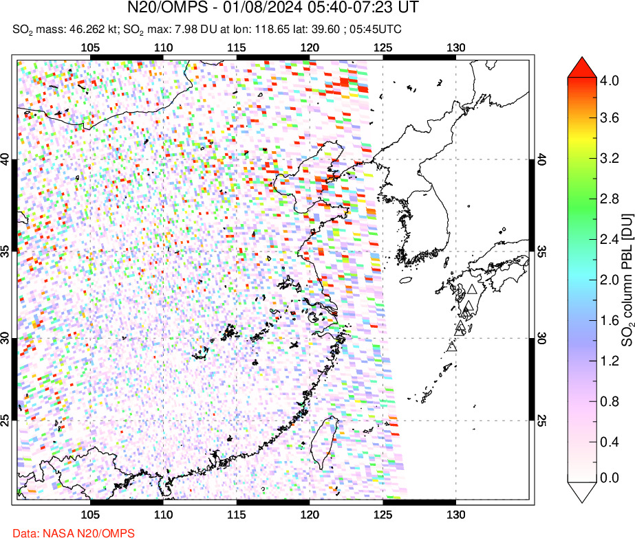 A sulfur dioxide image over Eastern China on Jan 08, 2024.