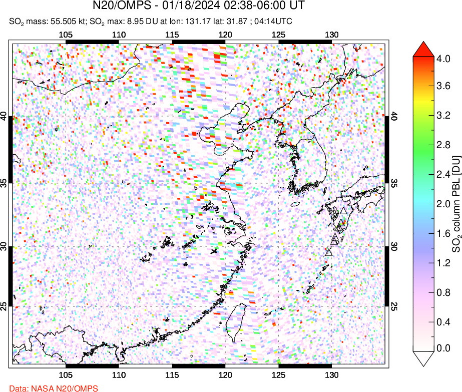 A sulfur dioxide image over Eastern China on Jan 18, 2024.