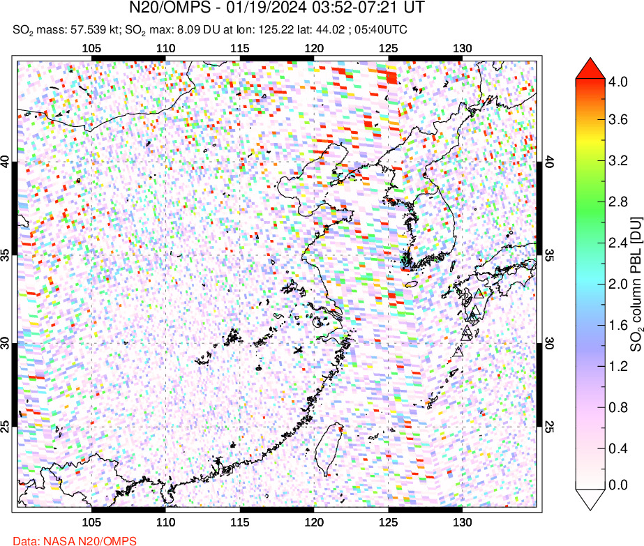 A sulfur dioxide image over Eastern China on Jan 19, 2024.