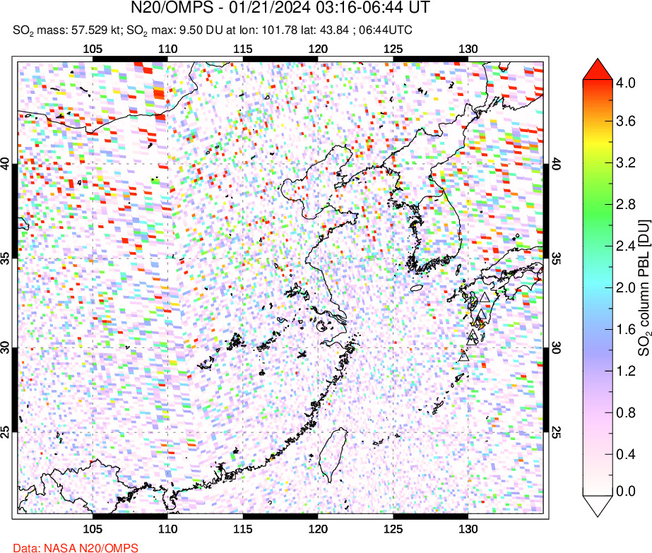 A sulfur dioxide image over Eastern China on Jan 21, 2024.