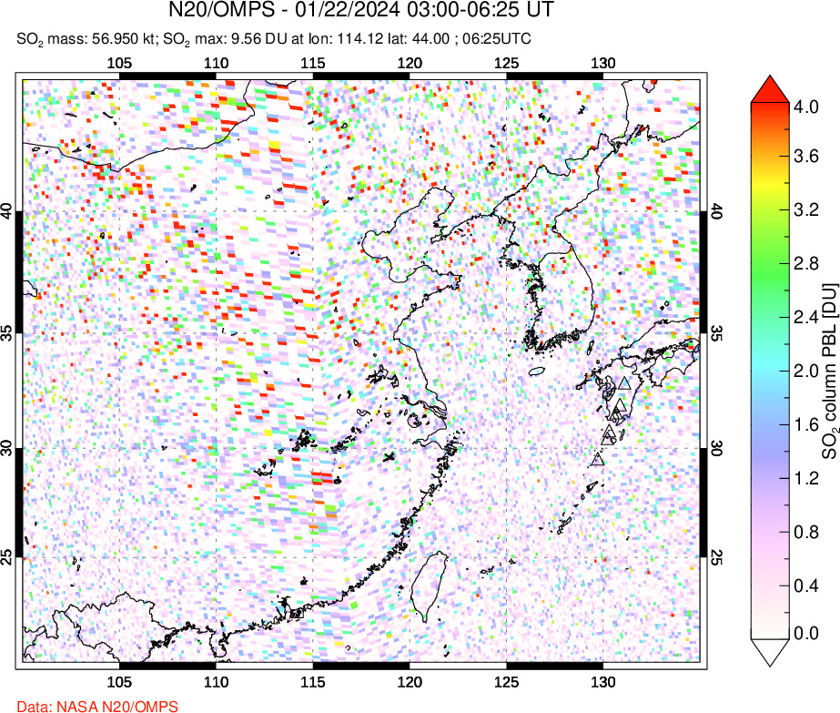 A sulfur dioxide image over Eastern China on Jan 22, 2024.