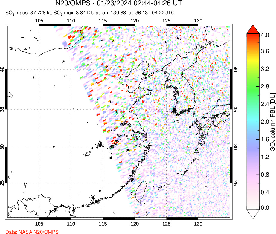 A sulfur dioxide image over Eastern China on Jan 23, 2024.