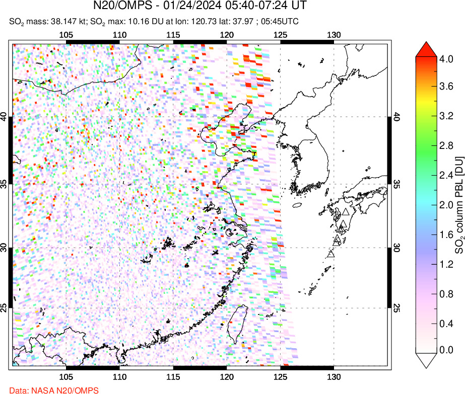 A sulfur dioxide image over Eastern China on Jan 24, 2024.