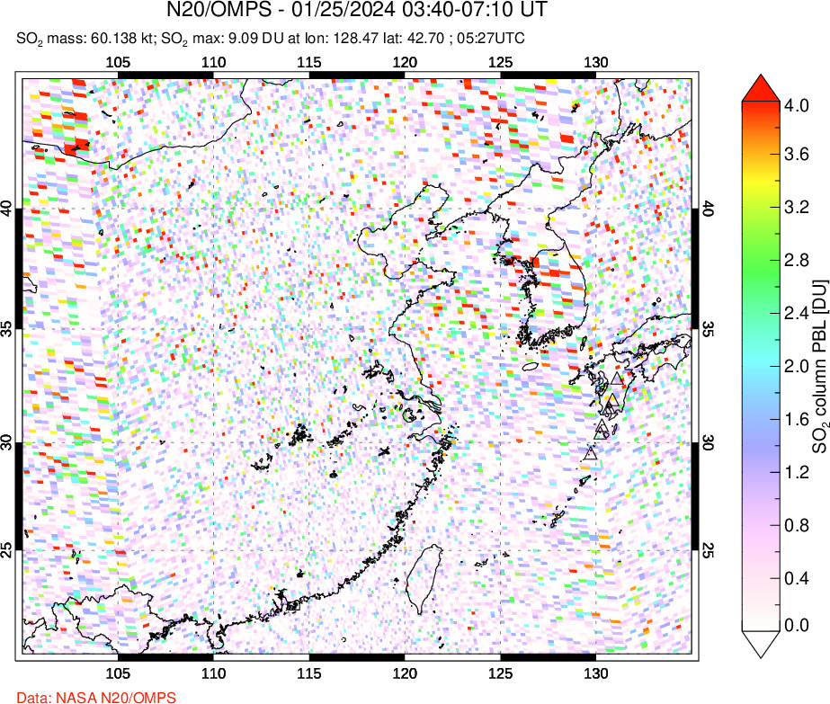 A sulfur dioxide image over Eastern China on Jan 25, 2024.