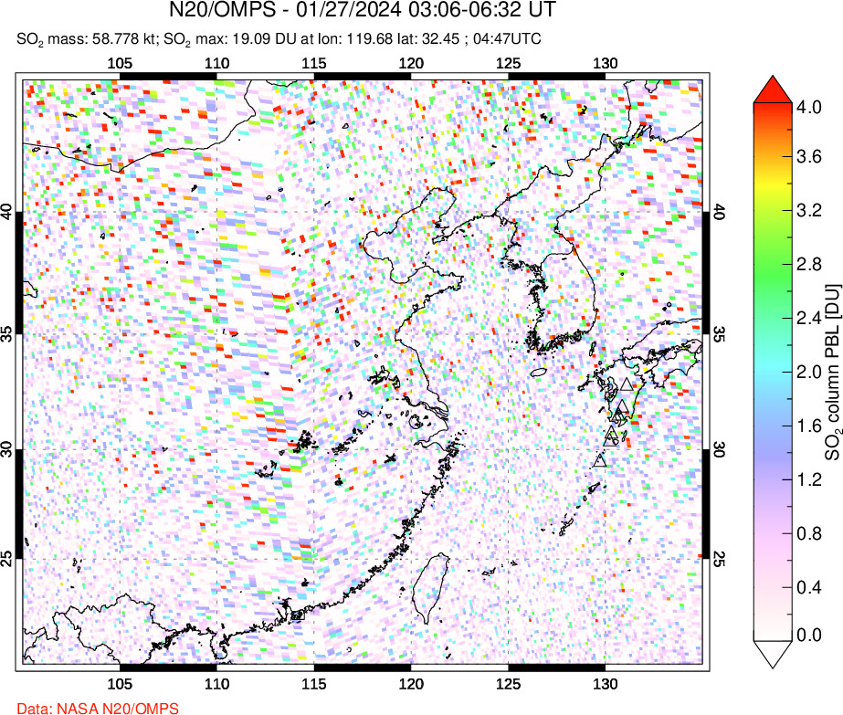 A sulfur dioxide image over Eastern China on Jan 27, 2024.