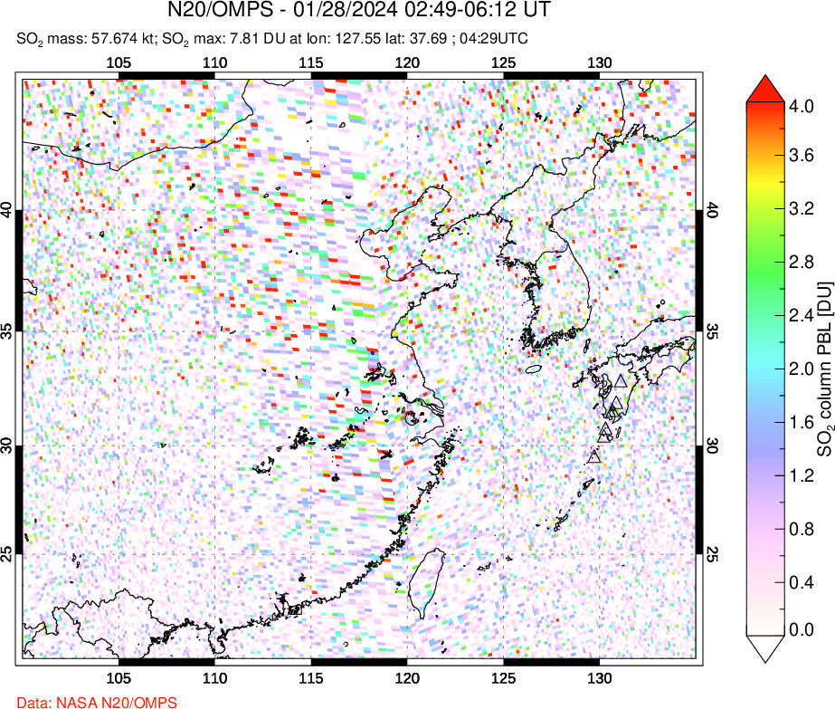 A sulfur dioxide image over Eastern China on Jan 28, 2024.