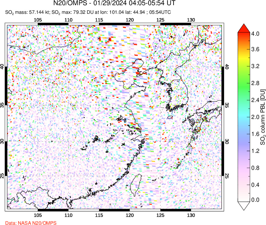 A sulfur dioxide image over Eastern China on Jan 29, 2024.