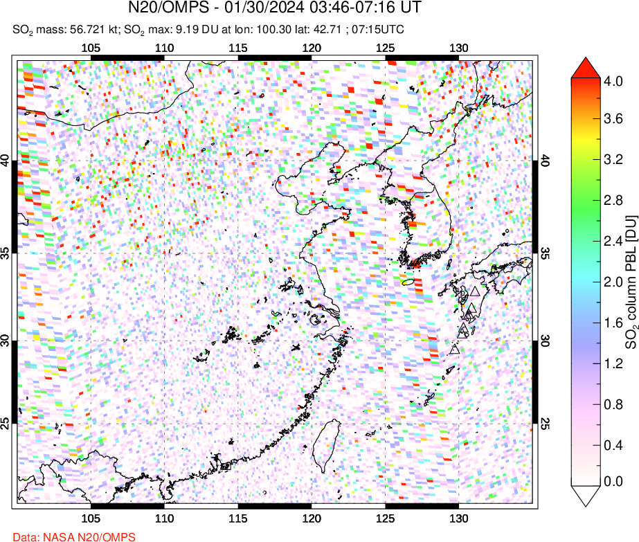 A sulfur dioxide image over Eastern China on Jan 30, 2024.