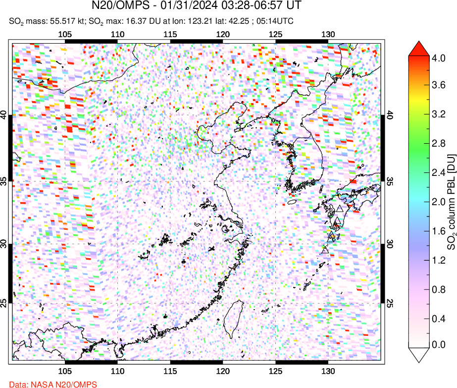 A sulfur dioxide image over Eastern China on Jan 31, 2024.