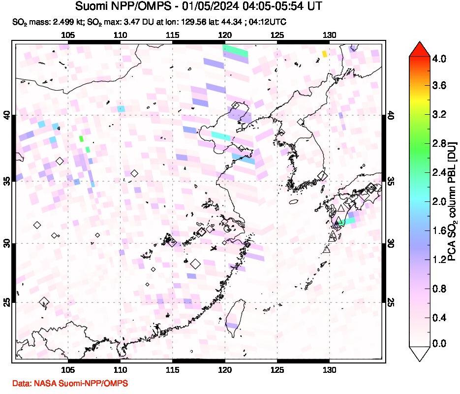 A sulfur dioxide image over Eastern China on Jan 05, 2024.