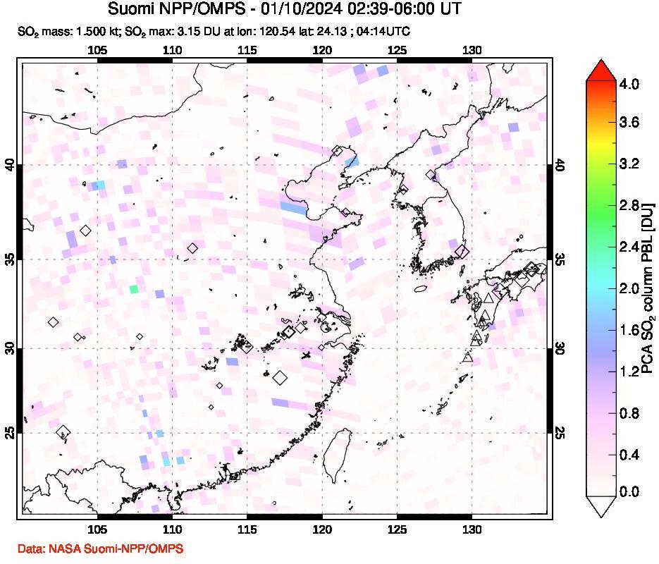 A sulfur dioxide image over Eastern China on Jan 10, 2024.