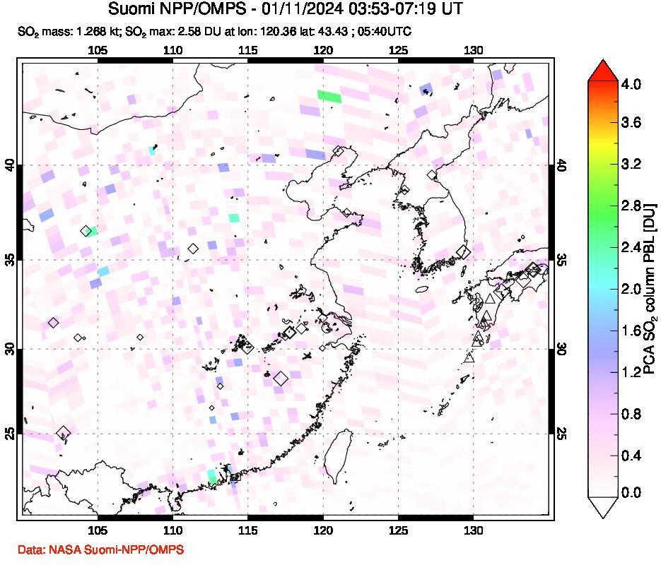 A sulfur dioxide image over Eastern China on Jan 11, 2024.