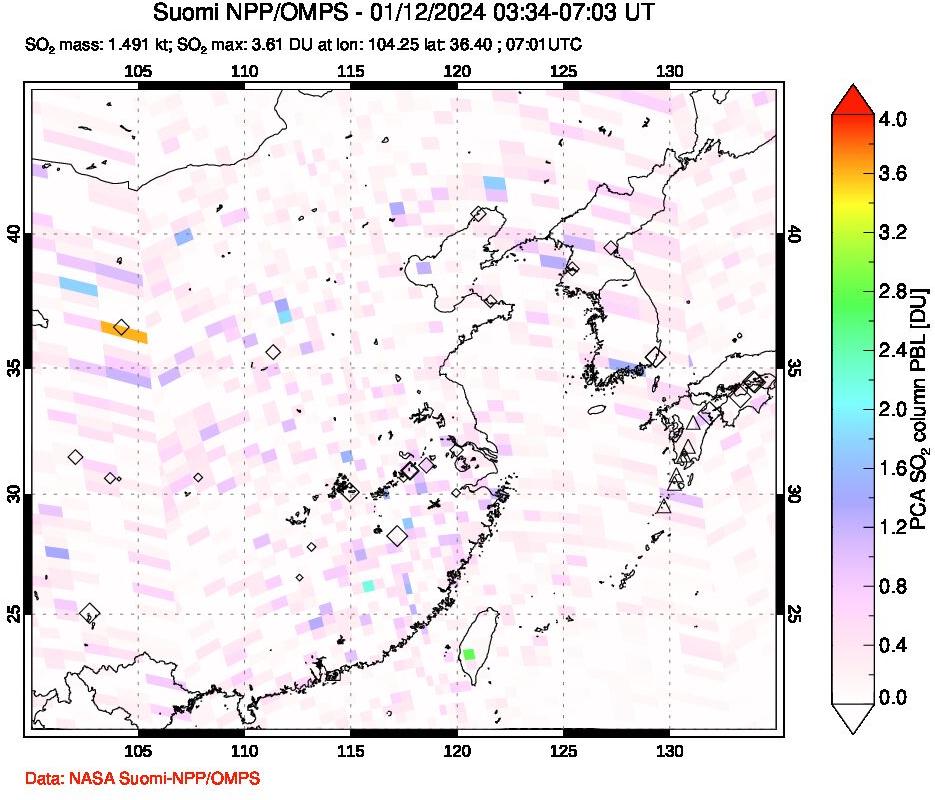 A sulfur dioxide image over Eastern China on Jan 12, 2024.
