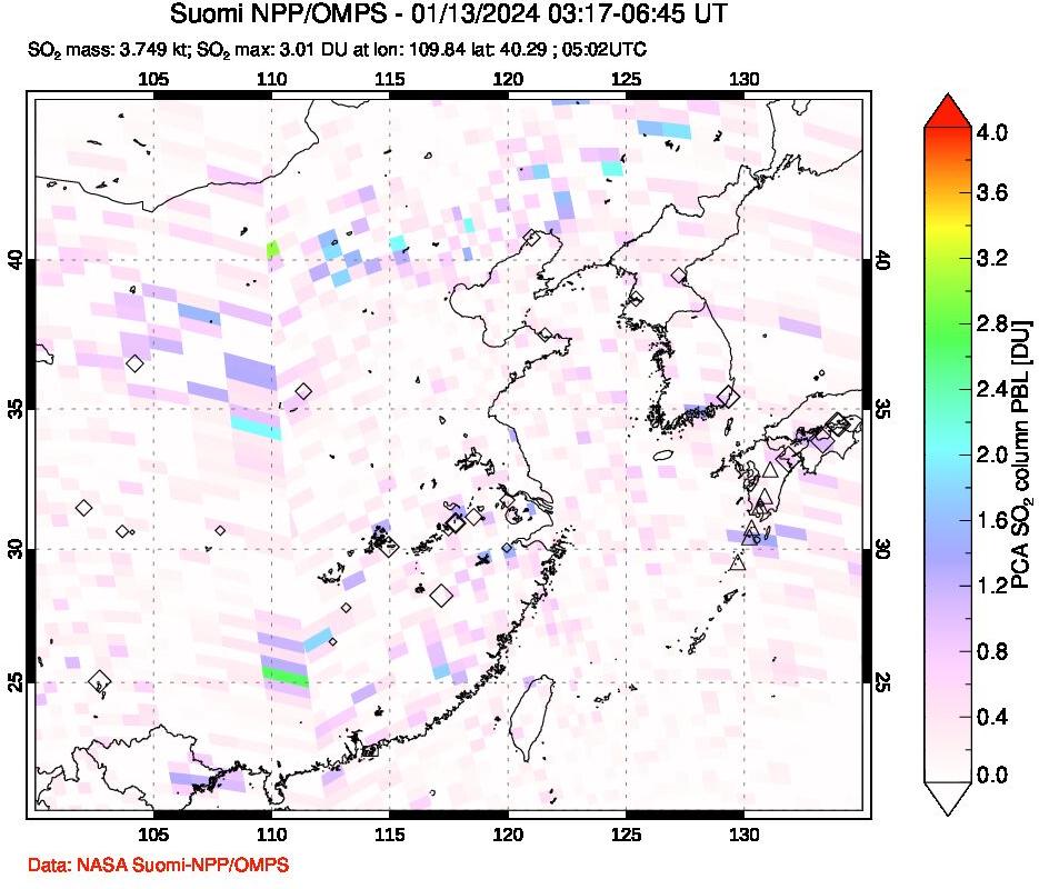 A sulfur dioxide image over Eastern China on Jan 13, 2024.