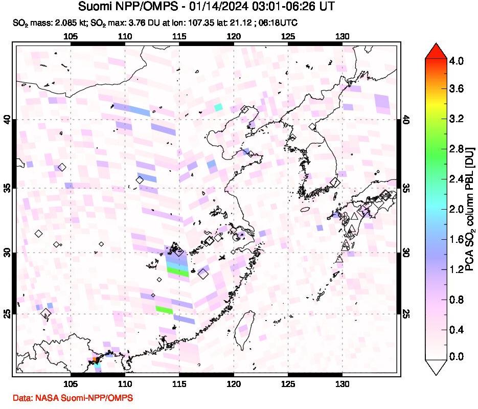 A sulfur dioxide image over Eastern China on Jan 14, 2024.
